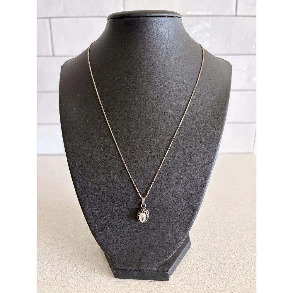 925 Sterling Silver Oval Clear Gemstone Pendant Necklace Vintage boho native